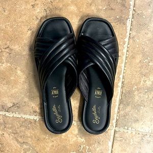 Cute black leather slides